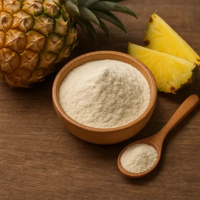Bromelain (pineapple enzyme) shown as raw plant material and powder