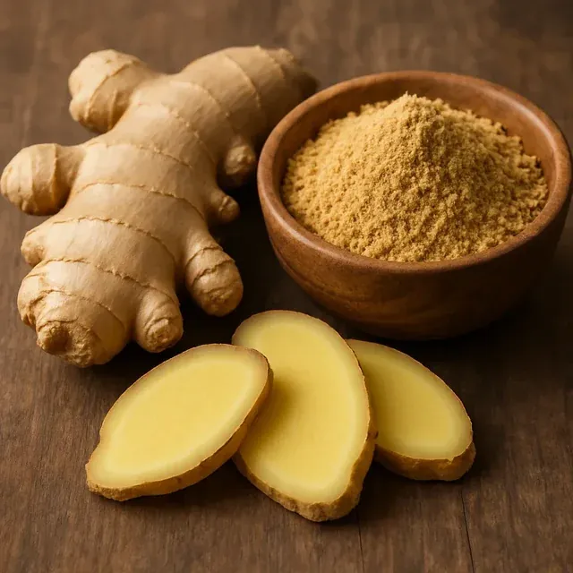 Ginger (root extract) shown as raw plant material and powder