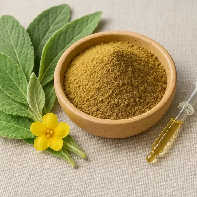 Mullein (leaf extract) shown as raw plant material and powder