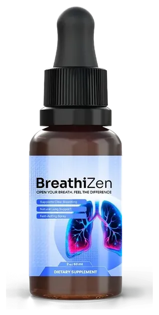 Front of a Breathizen bottle: amber glass, black dropper-style cap and a blue label with a lungs graphic