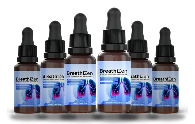 6 amber Breathizen bottles with blue labels